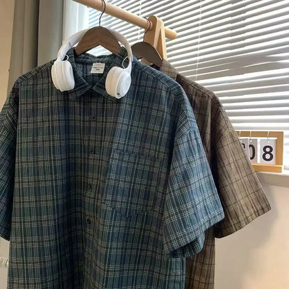 Vintage Plaid Short Sleeve Shirt Men Streetwear Loose Fit Casual