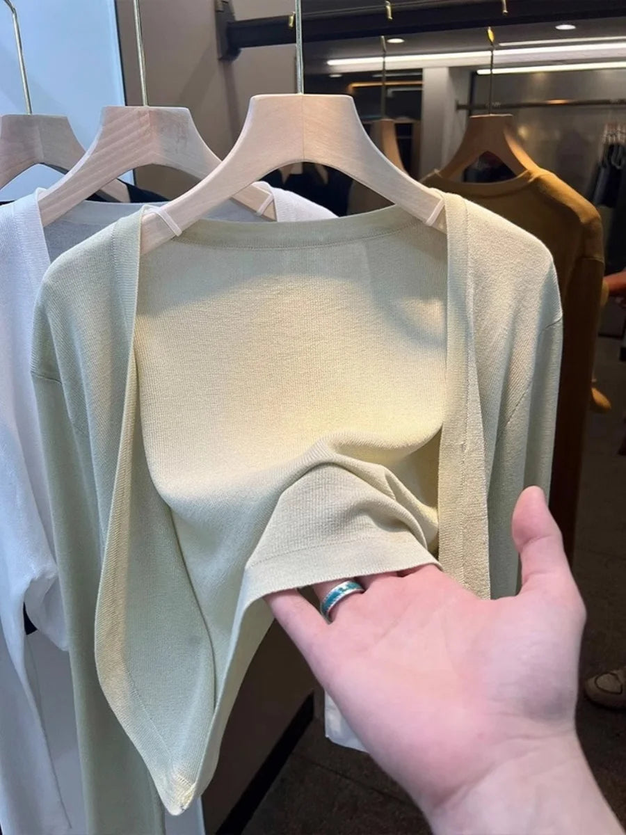 Short Ice Silk Knitted Sun Protection Cardigan Women's Thin Summer Suspender Skirt Layered Gauze Jacket Air-conditioned Cover Up