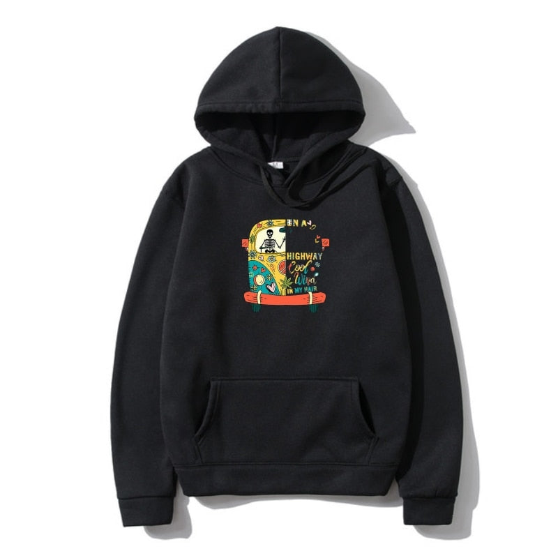 Skull on a Dark Desert Highway Cool Wind Hippie Outerwear, Black Cotton Men's Fleece Funny Hood