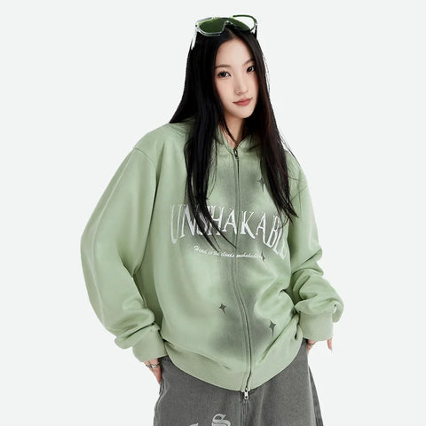 Women Zip Up Letter Print Hoodie Casual Streetwear