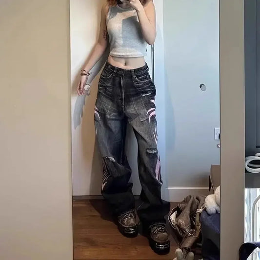 Pink Print Harajuku Loose Denim Jeans