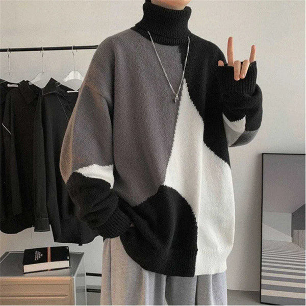 Mens Harajuku Patchwork Turtleneck Oversized Knit Sweater Streetwear