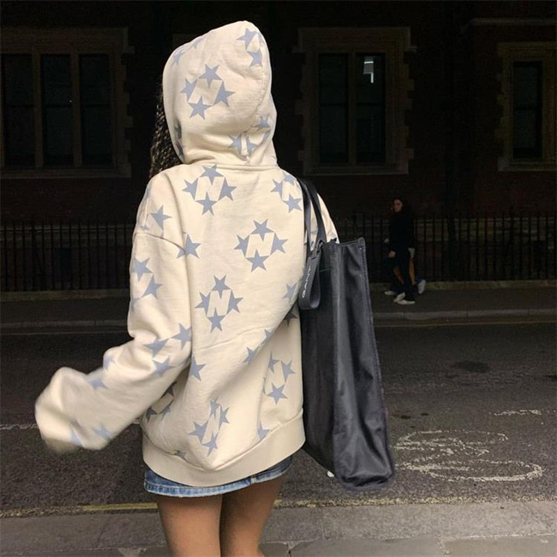 Vintage Star Print Hoodies Women Fashion Long Sleeve Loose Hooded