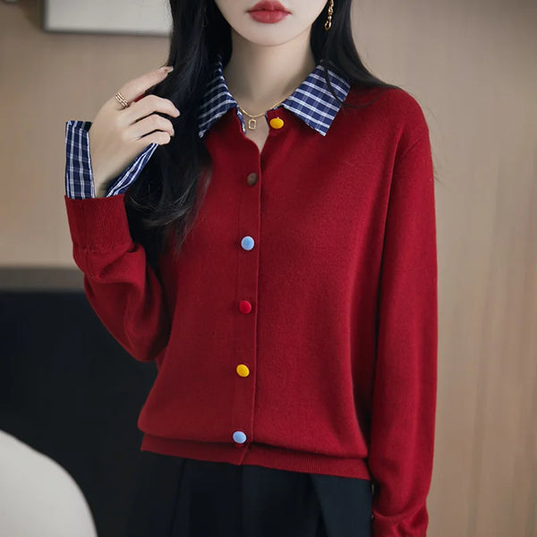 Womens Mock Layered Cardigan Collared Knit Sweater Fall Jacket