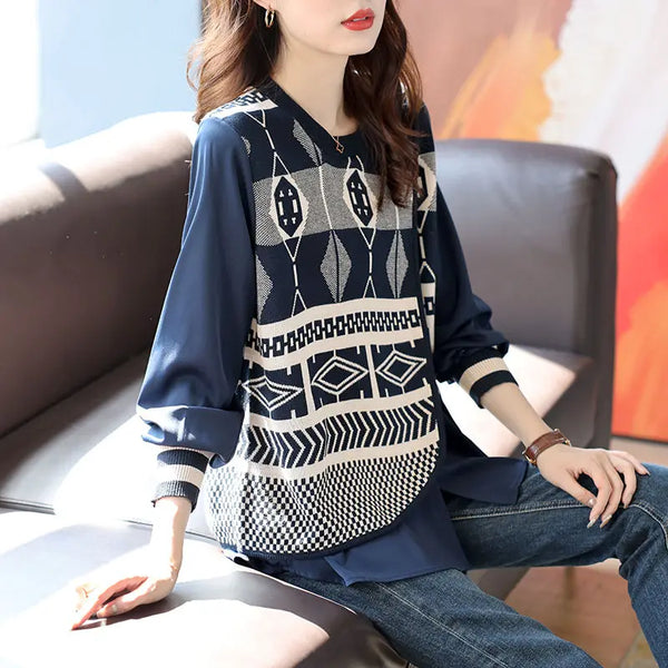 Womens Layered Look Knit Patchwork Shirt Oversized Pullover Blouse