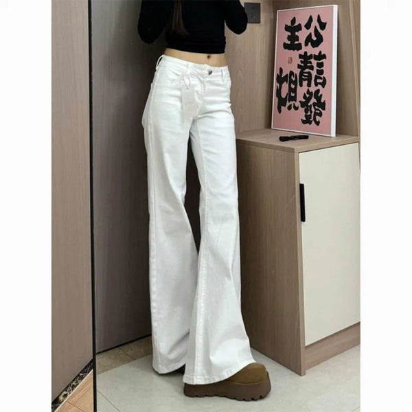 White Micro Flare Jeans Women High Waist Slim Fit Fall Winter