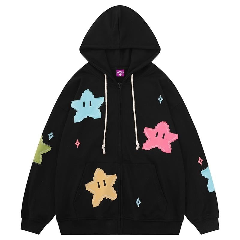 Kapuzenpullover-Sweatshirt im amerikanischen Stil mit Reißverschluss. Umfassen Sie Kawaii-Mode mit dicker Patch-Kunst und Kpop-Schmetterlingsdesign