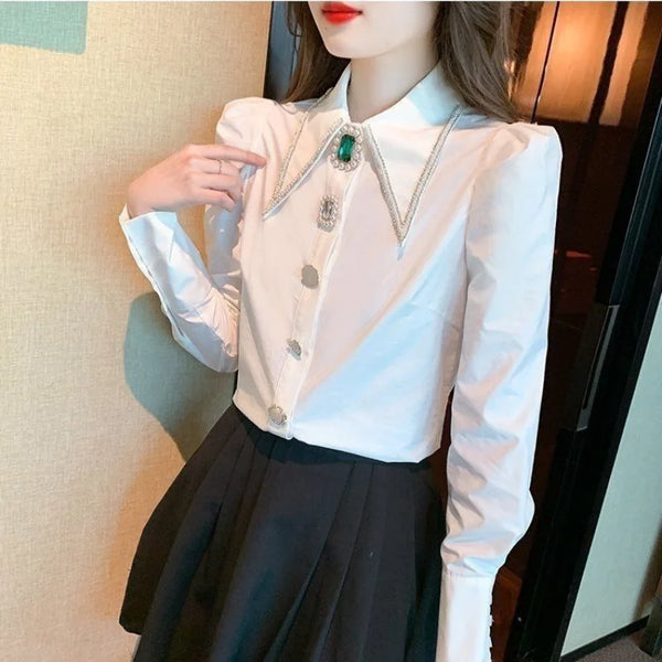 Polo Collar Shirt Women Diamond Button Long Sleeve Elegant Top