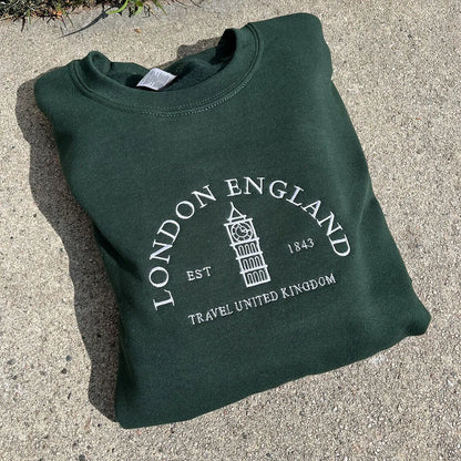 London Big Ben Embroidered Vintage Sweatshirt Fleece Pullover