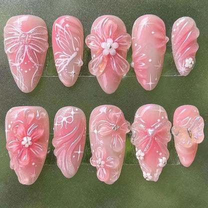 24pcs 3D Carving Devil Flower Press On Nails Brown Long Almond