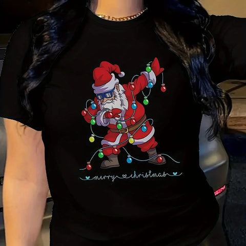 Christmas Santa Print T-shirt Crew Neck