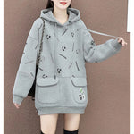 Autumn Winter Women Print Pocket Oversize Fleece