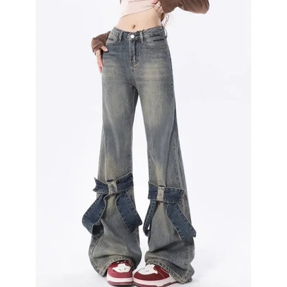 Y2k Vintage Flare Jeans Women Bow Patchwork