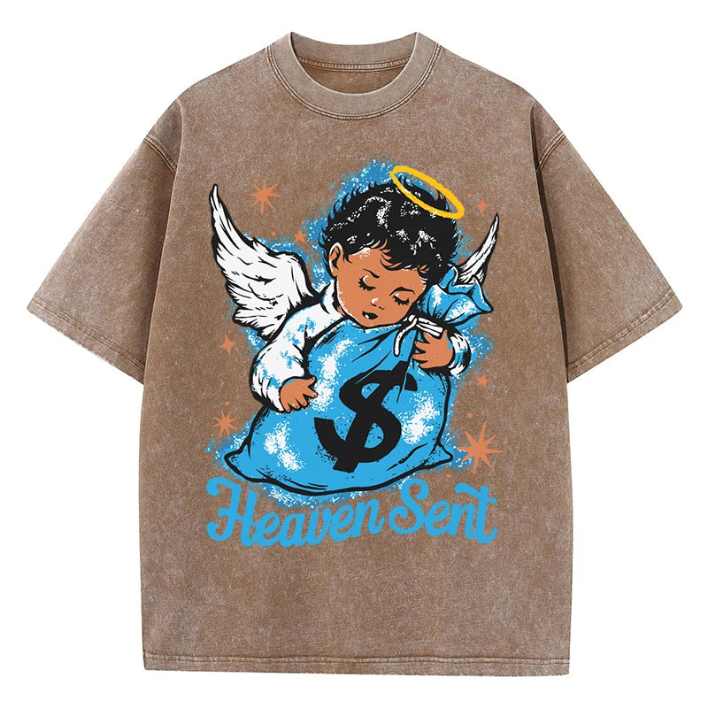 Angel Boy Money Print Washed Distressed T-shirt Summer Fashion Men