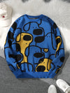 Mens Dog Print Sweater Crew Neck Double Sided Knit Pullover Casual