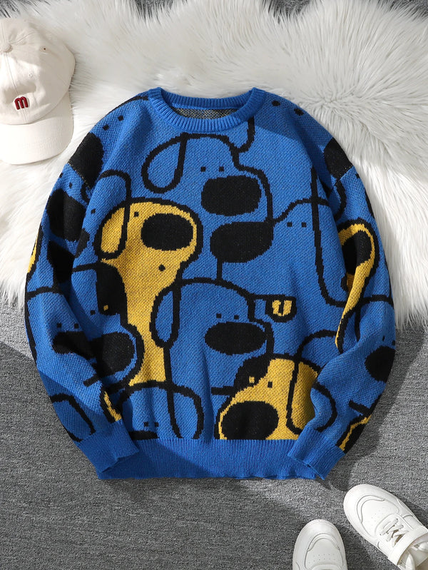 Mens Dog Print Sweater Crew Neck Double Sided Knit Pullover Casual