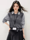 Womens Mock Layered Sweater Shirt Collar Knit Fall Top