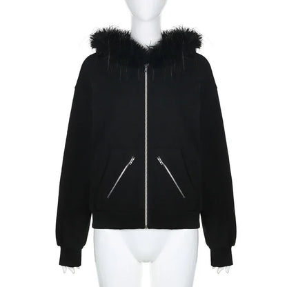 Vintage Fur Collar Zip-Up Women Hoodie with Pockets