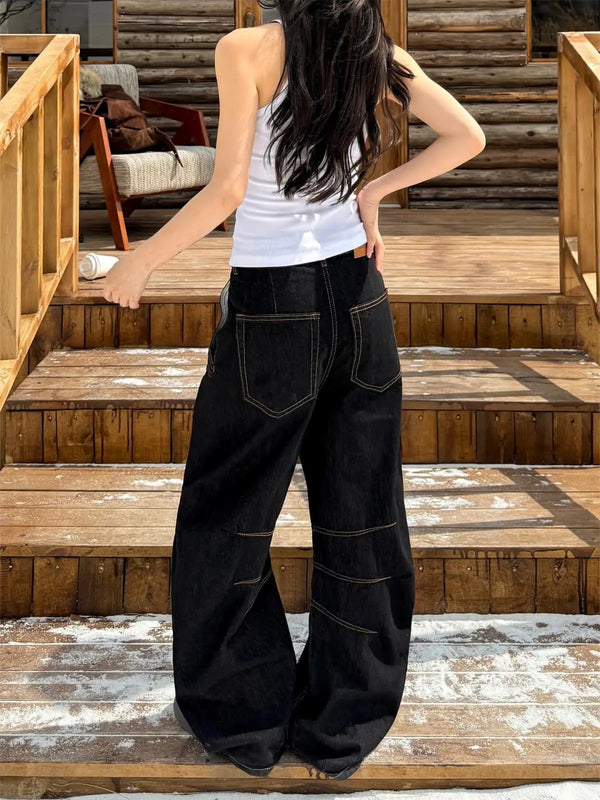 Women Y2K Black Baggy Jeans Straight Leg Cotton Casual Pants