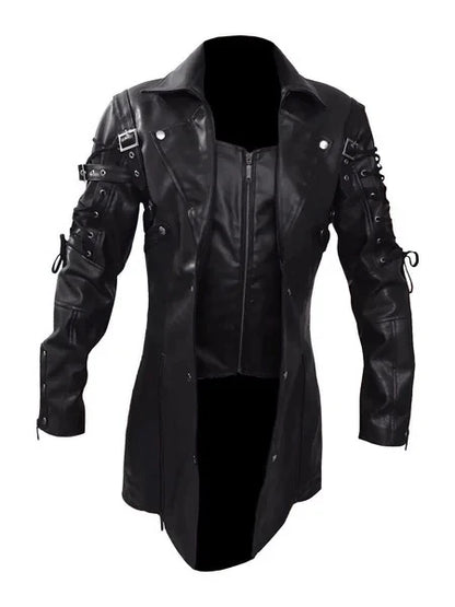 Steampunk Gothic Trench Leather Biker Jacket Men Punk Winter Coat