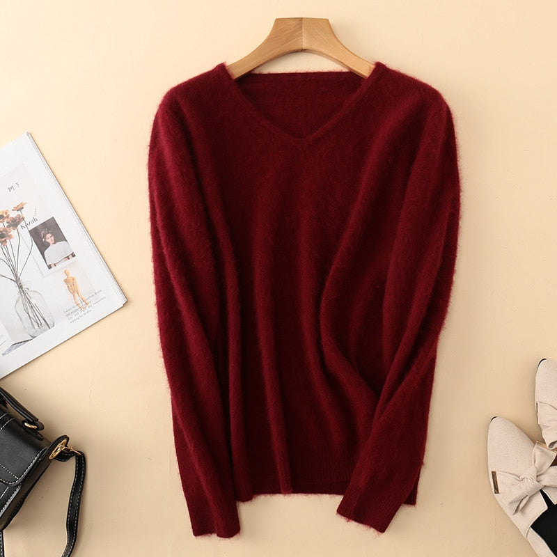 Sweater woman V-Neck Knitted Pullover Mink Cashmere Jumper Female  Soft Super Warm Sweater - xinnzy