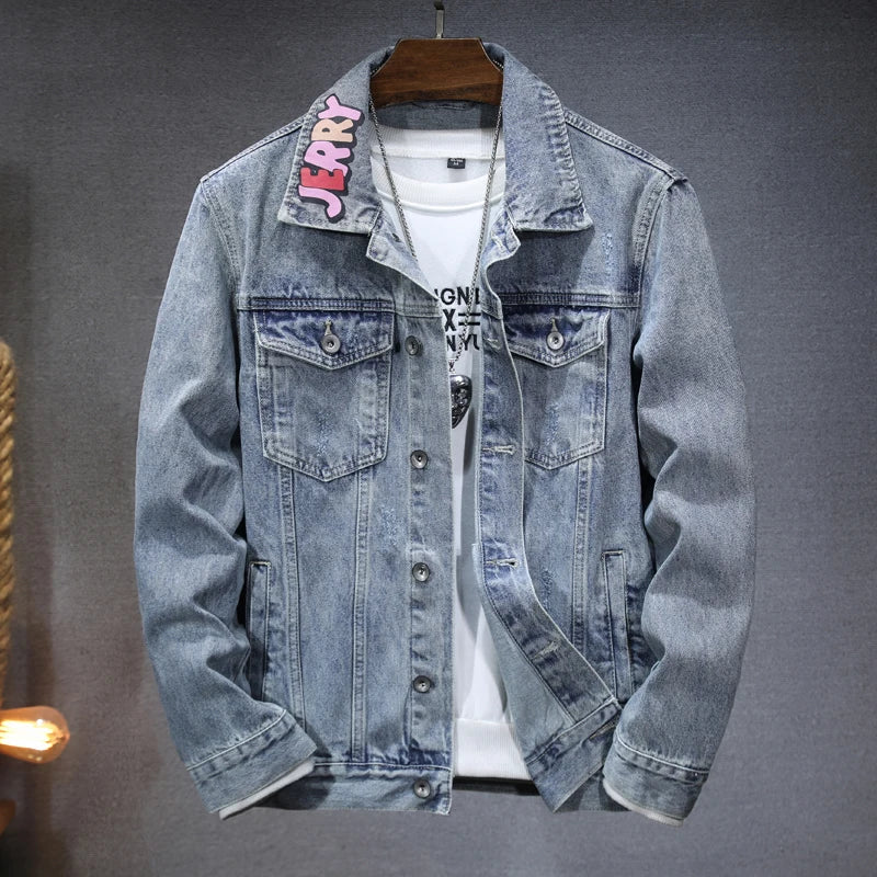 Loose Fit Cartoon Denim Jacket Men’s 2024 Retro Street Fashion