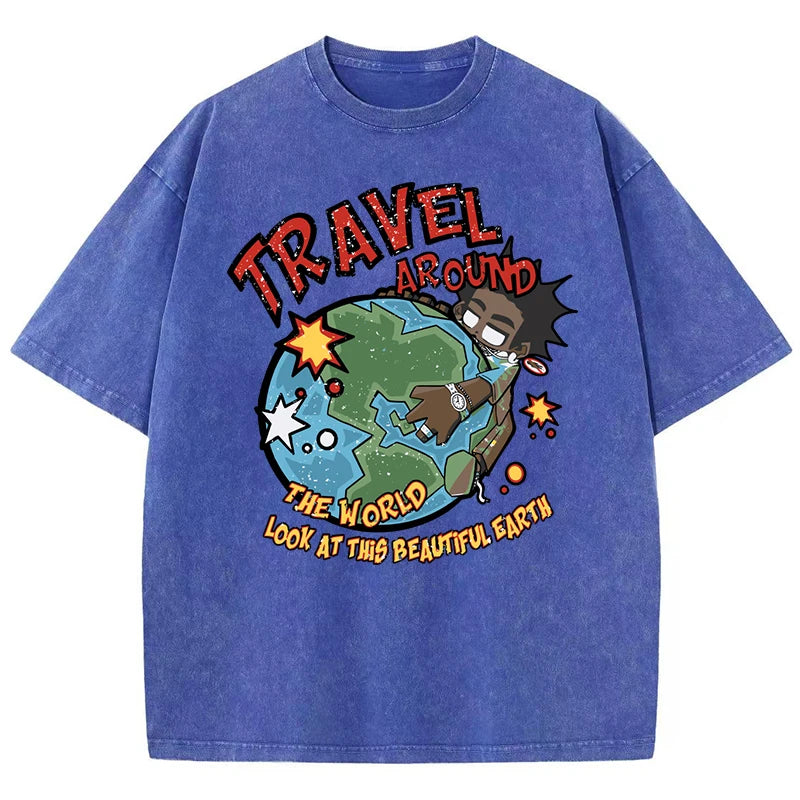 Summer World Tour T-shirt Men's Water Wash Vintage Casual Fashion Top