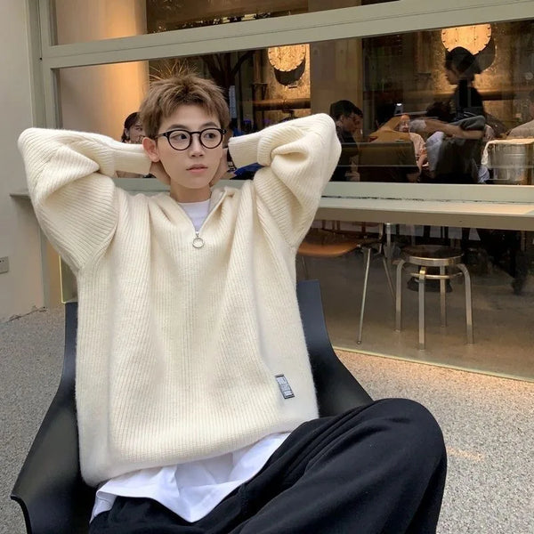 Mens Half Zip Hooded Sweater Oversized Knit Pullover Winter Solid