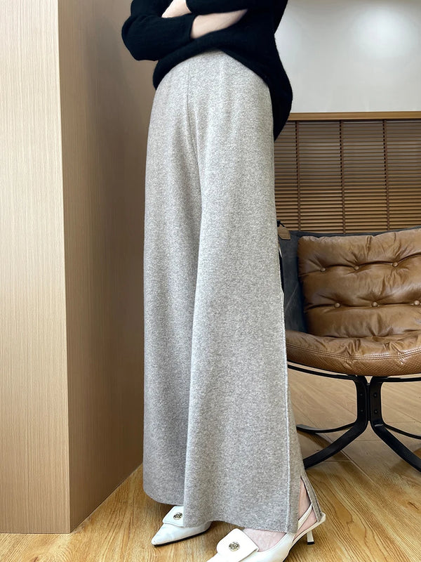 Womens Merino Wool Knit Pants Elastic Waist Wide Leg Winter Warm
