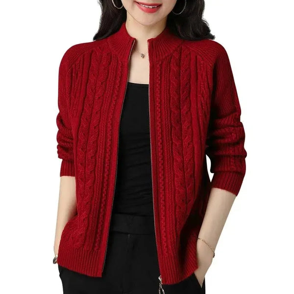 Womens Zip Up Cardigan Mock Neck Chunky Knit Sweater Coat