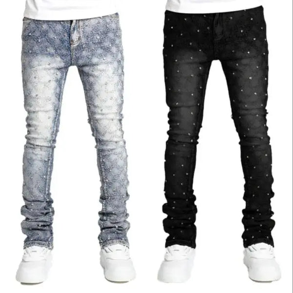 Men Pearl Detail Jeans Straight Leg Stretch Denim Pants Fashion