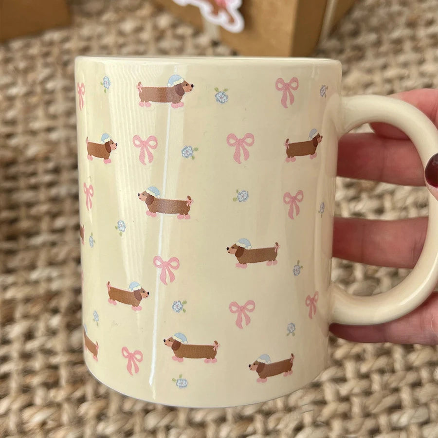 340ml Korean Style Cute Dachshund Pattern Ceramic Mug With Handle