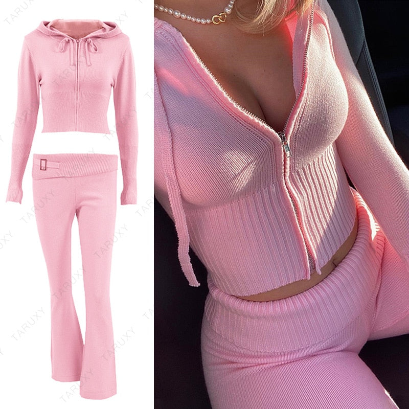 Women Y2k Sweater Hoodie Outfits Casual Zipper Set High Waist