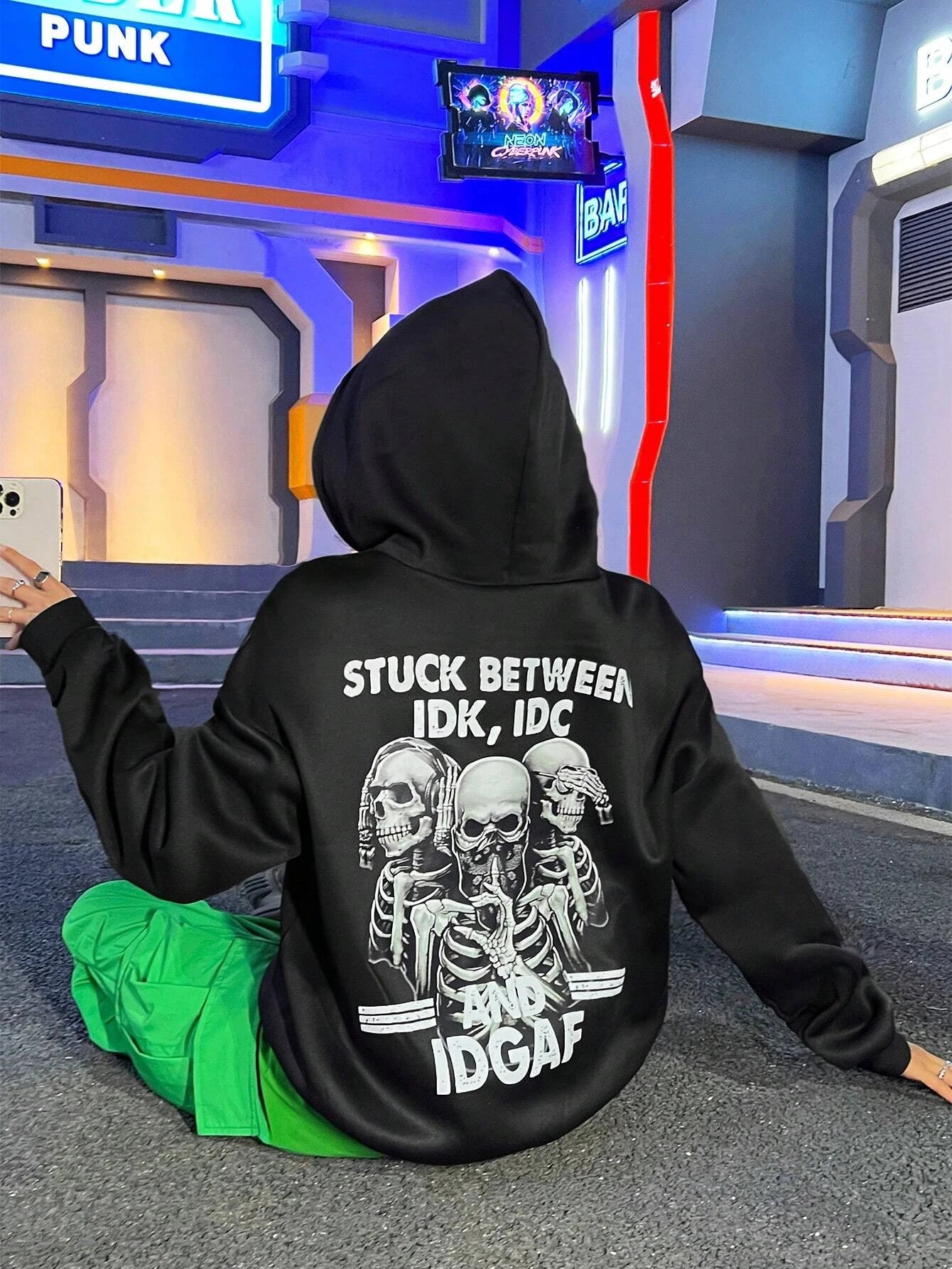 Skull Print Oversized Hoodie Women Vintage Streetwear Casual Top