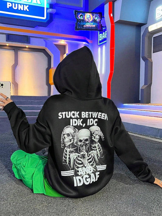 Skull Print Oversized Hoodie Women Vintage Streetwear Casual Top