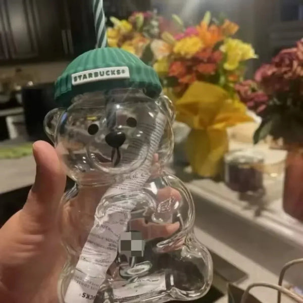 Cute Bear Glass Cup With Straw Large Aesthetic Iced Coffee Tumbler
