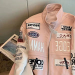 Korea Women's Pink Printed Zipper Racing Jacket Vintage Sport Style for 2022 INS New Trend
