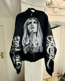 Oversized Black Hoodie With Zipper And Prayer Portrait Graphic