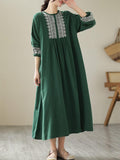 Long Cotton Dresses Women Vintage Style Geometric Embroidery Loose Female Casual Dress