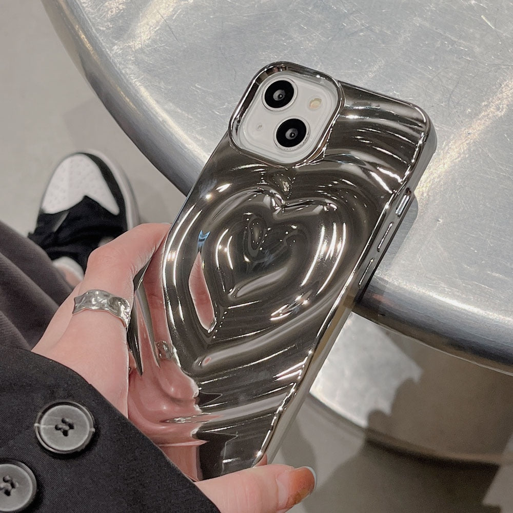 Luxury Electroplate Silver Heart Water Ripple Phone Case for iPhone Soft Silicone