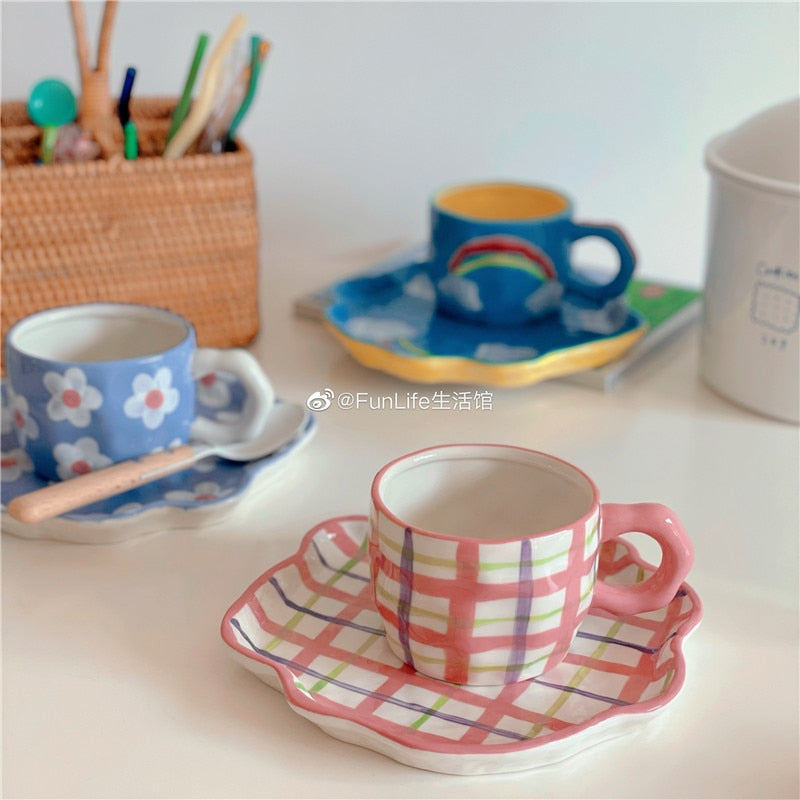 Mug Coffee Cup Ceramic Plate Rainbow Clouds Plaid Breakfast Plate