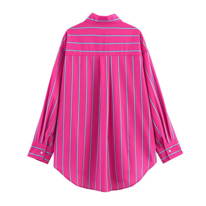 Women's Striped Print Blouse Loose Lapel Long Sleeve Single Breasted