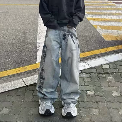 Washed Blue Men Baggy Jeans High Street Vintage Style