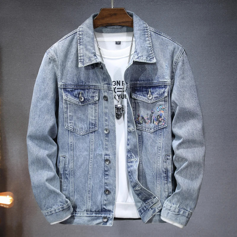 Trendy Street Cowboy Jacket 2024 Men’s Retro Washed Denim Coat