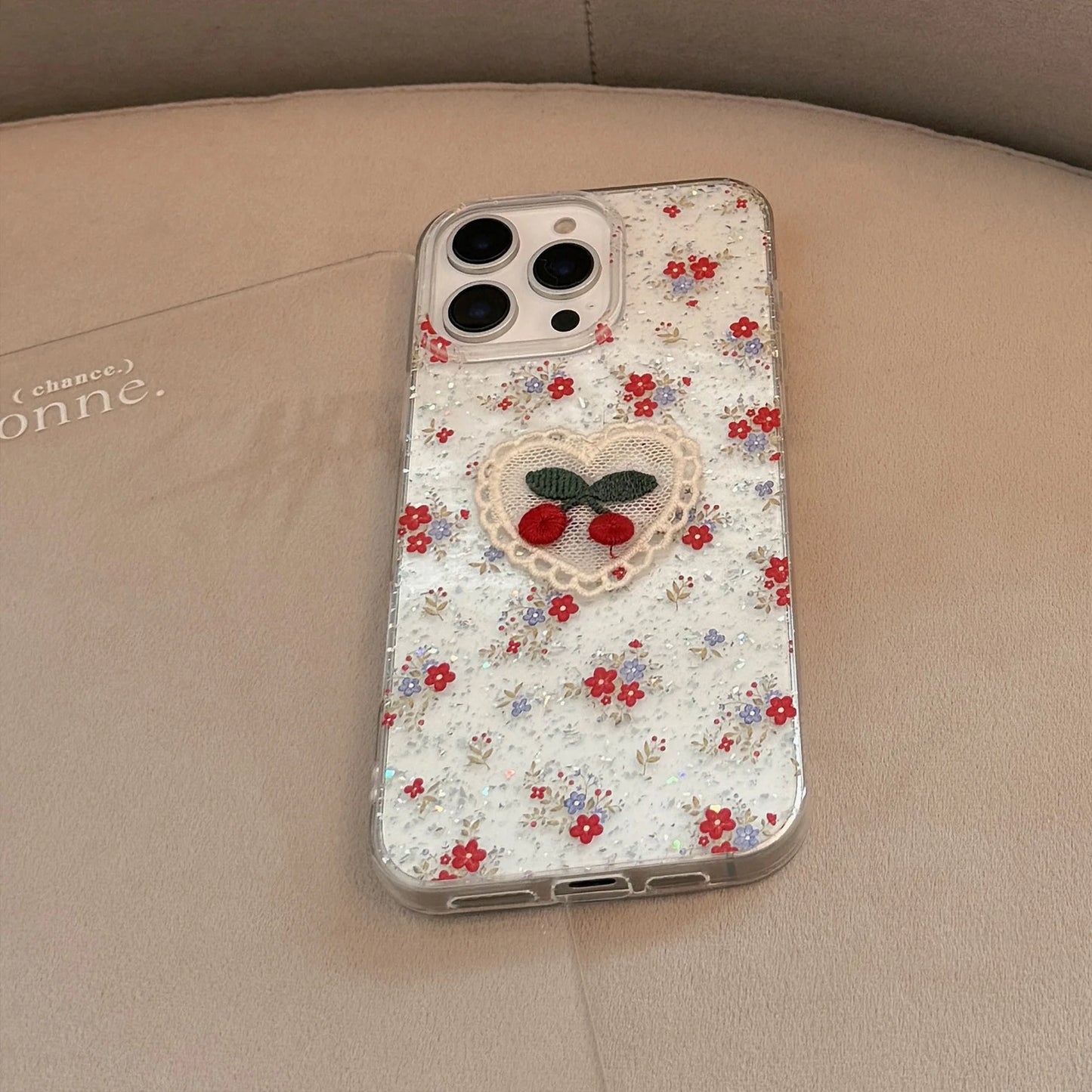 Glitter Cherry Embroidered iPhone Case Transparent