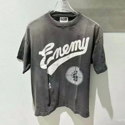 25SS Vintage Grey Saint T-Shirt Streetwear Character Logo Print Cotton