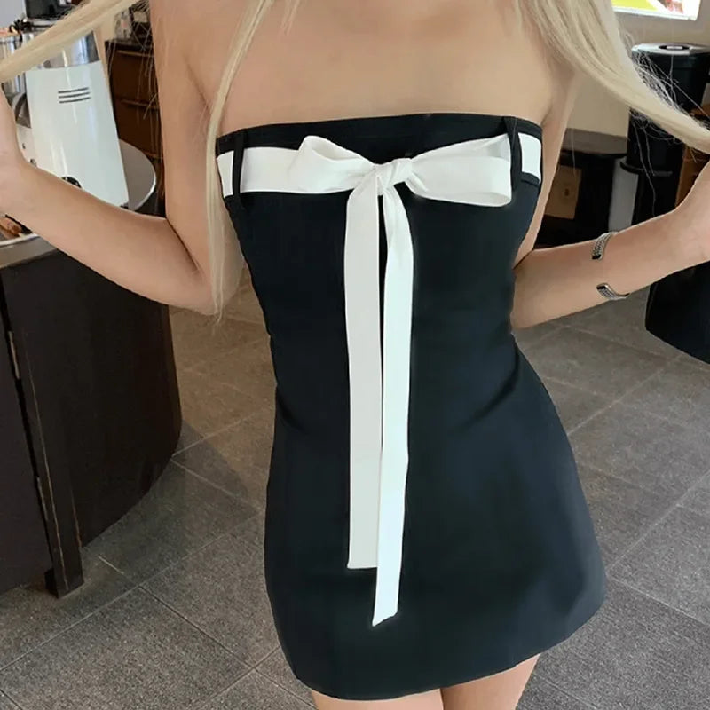 Y2K Black Backless Bow Tie Tube Top Mini Dress