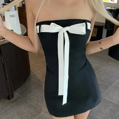 Y2K Black Backless Bow Tie Tube Top Mini Dress
