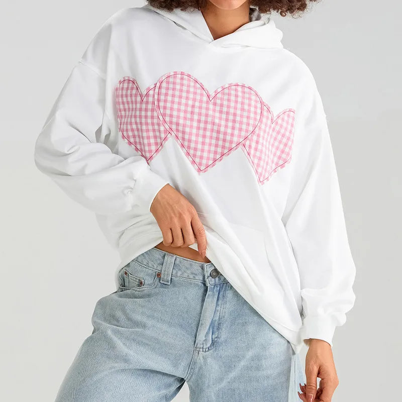 Women's Heart Applique Hoodie Loose Pullover Streetwear with Pocket