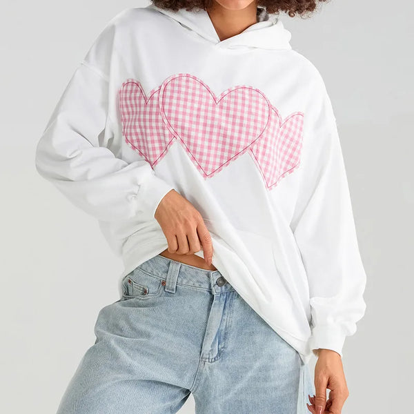 Women's Heart Applique Hoodie Loose Pullover Streetwear with Pocket